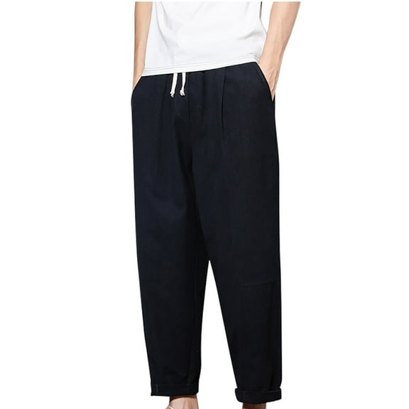Diufon Men's Cotton Linen Pants Casual Drawstring Waist Straight Leg Loose Cropped Trousers with Pockets