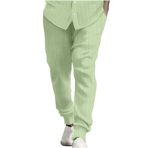 Diufon Men's Cotton Linen Pants Casual Stripe Elastic Waist Drawstring Straight Leg Loose Trousers with Pockets