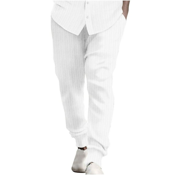 Diufon Men's Cotton Linen Pants Casual Stripe Elastic Waist Drawstring Straight Leg Loose Trousers with Pockets