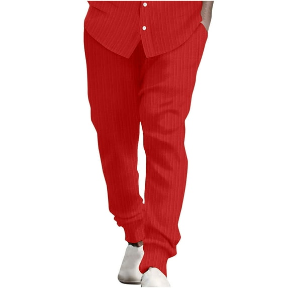 Diufon Men's Cotton Linen Pants Casual Stripe Elastic Waist Drawstring Straight Leg Loose Trousers with Pockets