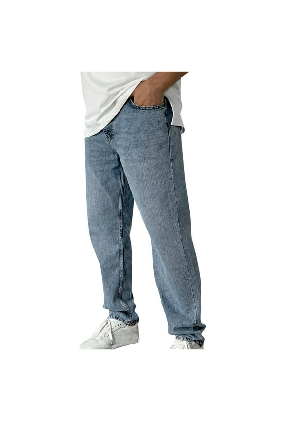 Men's Denim Pants Trendy Straight Leg Loose Jeans Pants Elastic Waist Streetwear Trousers with Pockets