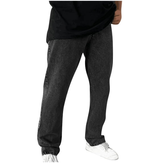 Diufon Men's Denim Pants Trendy Straight Leg Loose Jeans Pants Elastic Waist Streetwear Trousers with Pockets