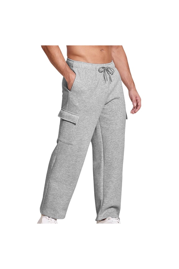 Men's Fleece Lined Winter Pants Casual Drawstring Waist Outdoor Thickened Warm Cargo Pant with Pockets