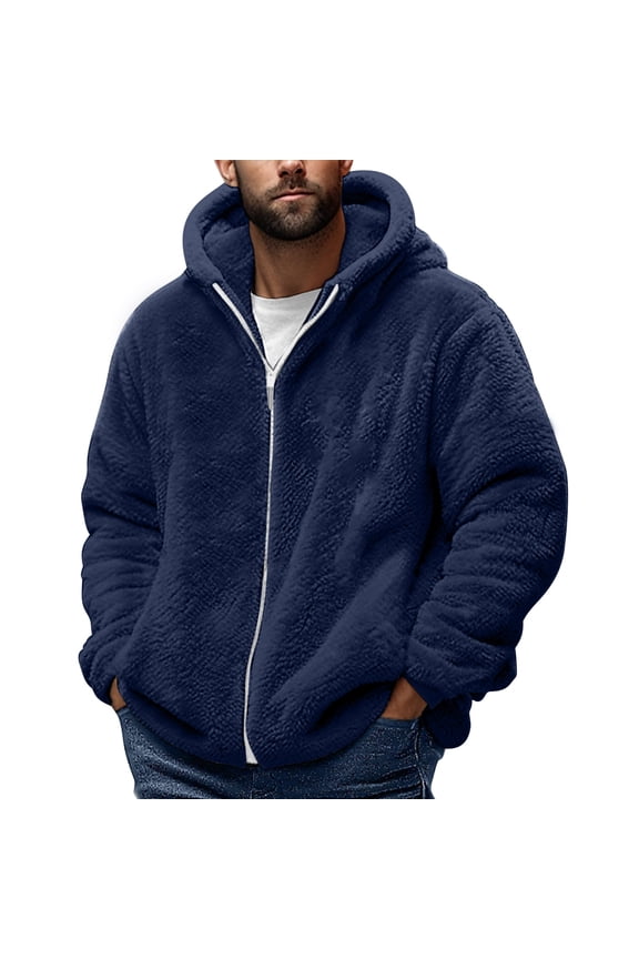 Men's Fuzzy Warm Jacket Long Sleeve Full Zip Open Front Plush Thickened Coat Fall Winter Hooded Outwear