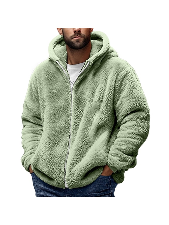 Men's Fuzzy Warm Jacket Long Sleeve Full Zip Open Front Plush Thickened Coat Fall Winter Hooded Outwear