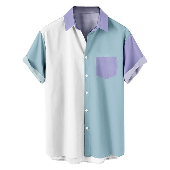 Diufon Men's Summer Shirts Big and Tall Short Sleeve Button Down Beach Shirts Casual Color Block Basic Shirts