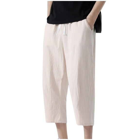 Diufon Men's Wide Leg Capri Pants Cotton Linen Drawstring Waist Loose Pant Solid Color Trousers with Pockets
