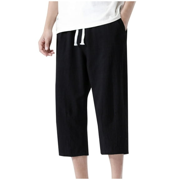 Diufon Men's Wide Leg Capri Pants Cotton Linen Drawstring Waist Loose Pant Solid Color Trousers with Pockets