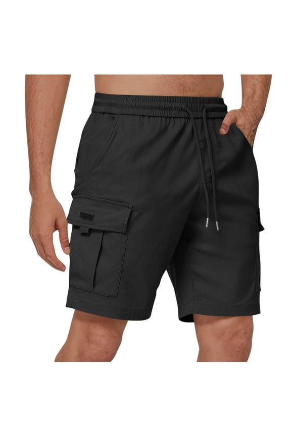 Mens Cargo Shorts Elastic Waist Drawstring Shorts Solid Color Plus Size Shorts with Pockets
