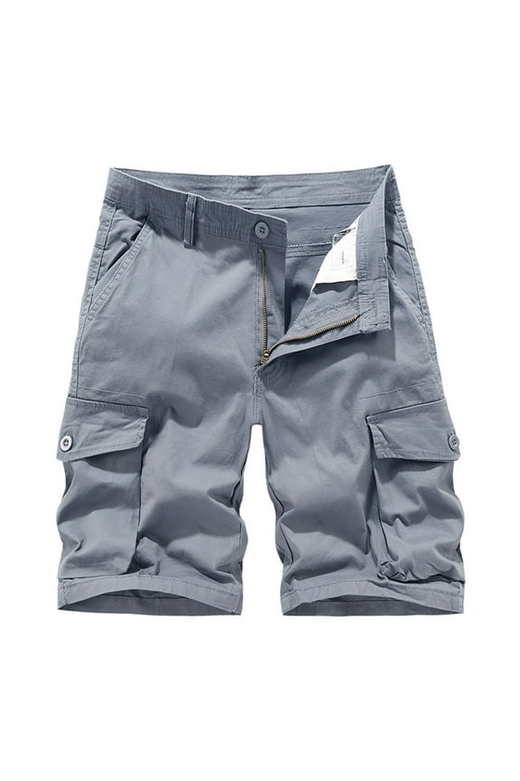 Mens Cargo Shorts Solid Color Cotton Outdoor Shorts Zipper Button Down Shorts with Pockets