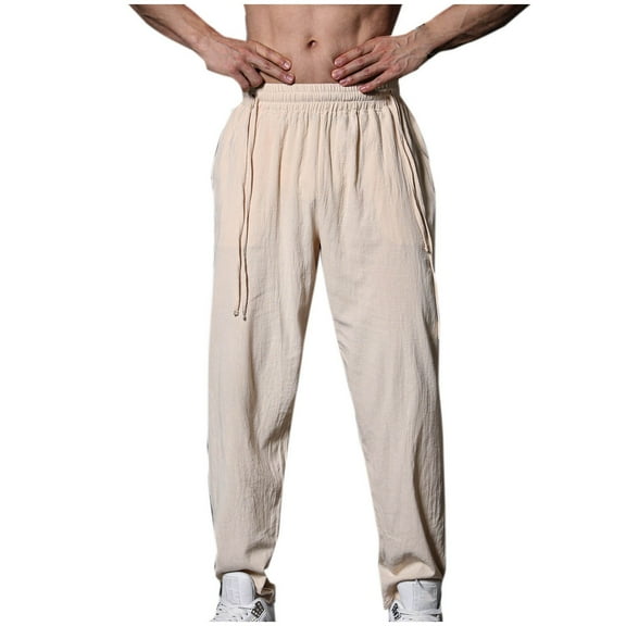 Diufon Mens Cotton Linen Pants Elastic Waist Drawstring Pants Casual Baggy Workout Trousers
