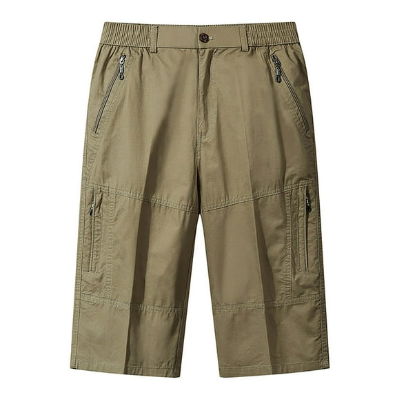 Diufon Mens Cotton Shorts Solid Color Knee Length Shorts Elastic Waist Outdoor Shorts with Zipper Pockets