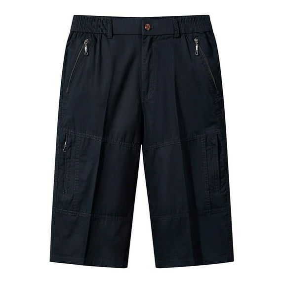 Diufon Mens Cotton Shorts Solid Color Knee Length Shorts Elastic Waist Outdoor Shorts with Zipper Pockets
