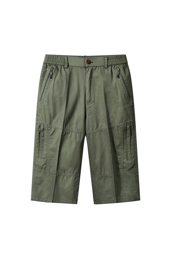 Mens Cotton Shorts Solid Color Knee Length Shorts Elastic Waist Outdoor Shorts with Zipper Pockets