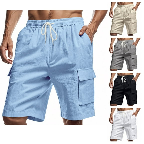 Diufon Mens Linen Cargo Shorts Casual Drawstring Shorts with Multi Pockets Summer Beach Shorts for Men