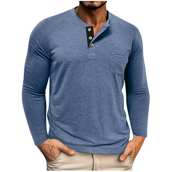 Diufon Mens Long Sleeve Shirt Dressy Casual Button V Neck Basic Tops Lightweight Solid Color Blouse with Pocket