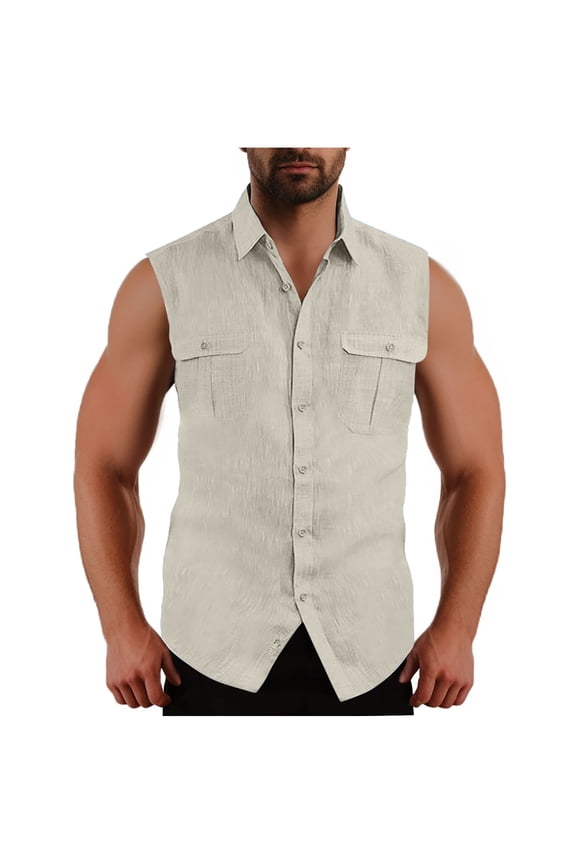 Mens Sleeveless Button Down Shirts Cotton Linen Summer Beach Vacation Basic Tank Shirts with Pockets