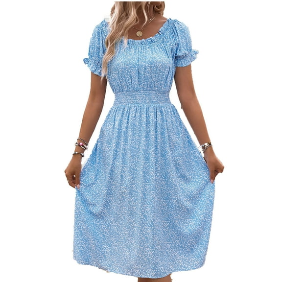 Diufon Midi Dresses for Women Floral Ruffle Sleeve Crewneck Dresses Casual Spring Summer Flowy Dress