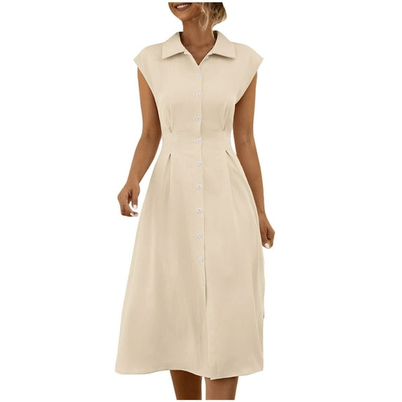 Diufon Midi Dresses for Women Summer Lapel Sleeveless A-Line Dress Solid Color Waisted Pleated Dress