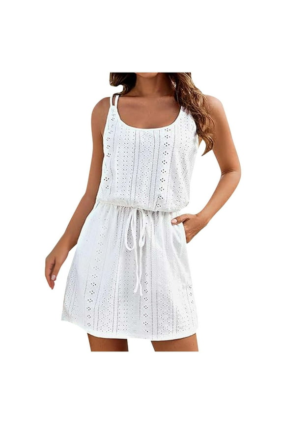 Mini Dresses for Women Crewneck Sleeveless Dress Elastic Waist Drawstring Dress with Pockets