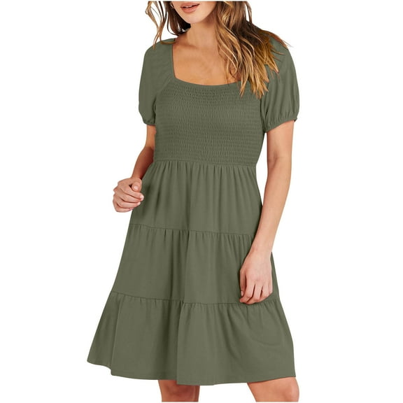 Diufon Mini Dresses for Women Square Neck Short Sleeve Dress Solid Color Pleated A-Line Dress