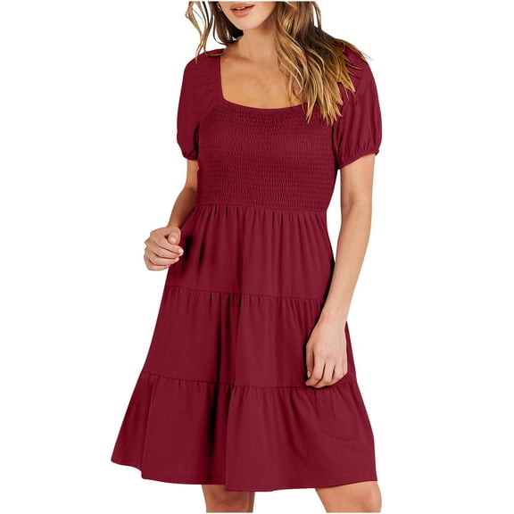 Diufon Mini Dresses for Women Square Neck Short Sleeve Dress Solid Color Pleated A-Line Dress