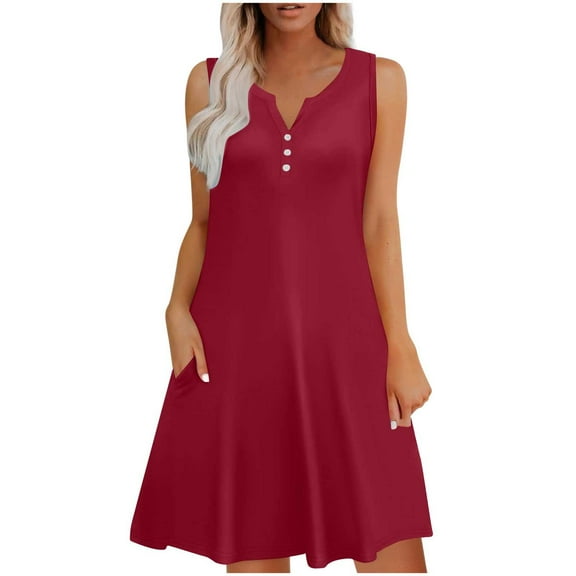 Diufon Dresses for Women Casual Summer Boho Beach Dress Loose V Neck Sleeveless Sundresses with Pockets