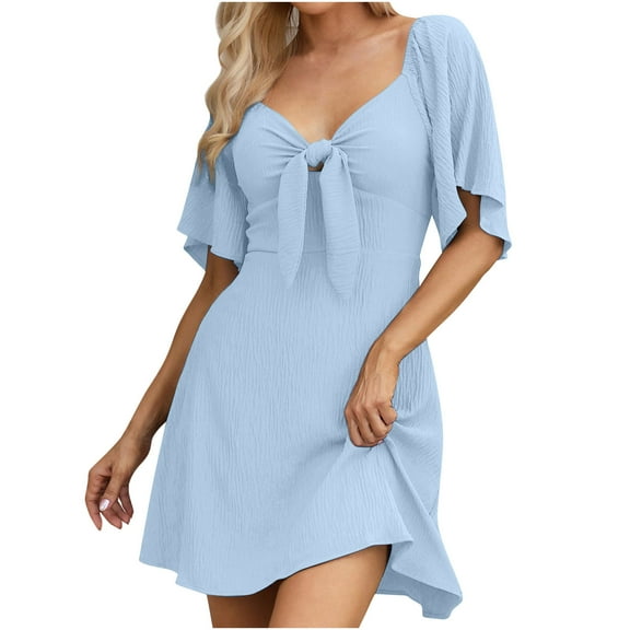 Diufon Mini Dresses for Women Summer Solid Color A-Line Dress Lace-Up V Neck Short Sleeve Dress