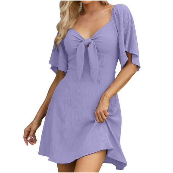 Diufon Mini Dresses for Women Summer Solid Color A-Line Dress Lace-Up V Neck Short Sleeve Dress