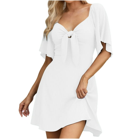 Diufon Mini Dresses for Women Summer Solid Color A-Line Dress Lace-Up V Neck Short Sleeve Dress