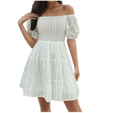 Diufon Mini Dresses for Women off Shoulder Puff Short Sleeve Dress Solid Color Elastic Waist Dress