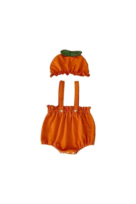 Newborn Baby Boy Girl Bodysuit Cute Pumpkin Sleeveless Romper Infant Straps Crawling Jumpsuit with Hat