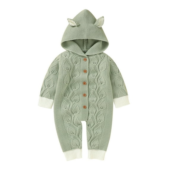 Diufon Newborn Baby Boy Girl Bodysuit Fall Winter Knitted Cotton Long Sleeve Warm Hooded Button Down Romper