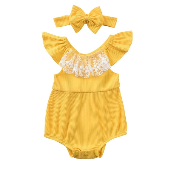Diufon Newborn Baby Girl Bodysuit Infant Ruffle Lace Sleeveless Romper and Hairband Knit Cotton Home Jumpsuit