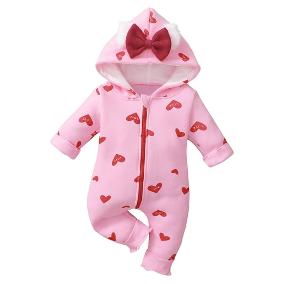 Diufon Newborn Baby Girl Hoodie Bodysuit Infant Fall Winter Long Sleeve Thickened Warm Printed Romper with Bow