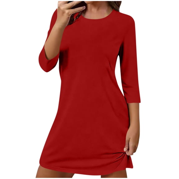 Diufon Nightgowns for Women Solid Color 3/4 Sleeve Crewneck Nightdress Casual Oversized Loose Home Sleepwear