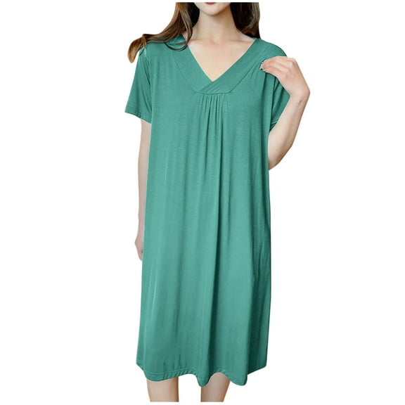 Diufon Nightgowns for Women Soft Thin Short Sleeve V Neck Pleated Pajamas Dress Casual Home Sleepwear
