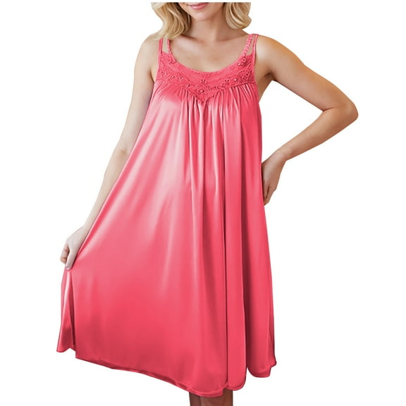 Diufon Nightgowns for Women Summer Silk Satin Lace Crewneck Camisole Pajama Dress Casual Soft Home Sleepwear