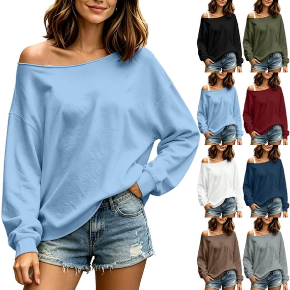 Diufon Off Shoulder Sweatshirt for Women Long Sleeve Drop Shoulder Pullover Tops Soft Comfy Fall Winter Warm Sweatshirts