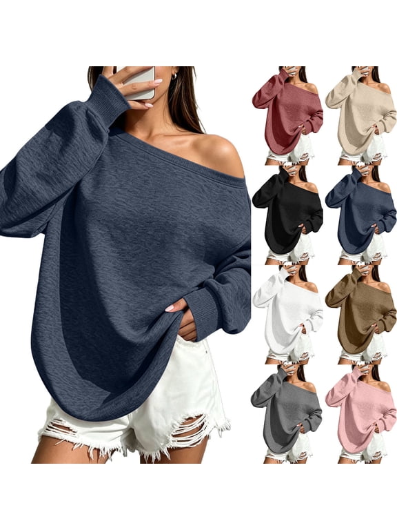 Off Shoulder Tops for Women Asymmetrical Drop Shoulder Long Sleeve Shirts Fall Fashion Pullover Tops