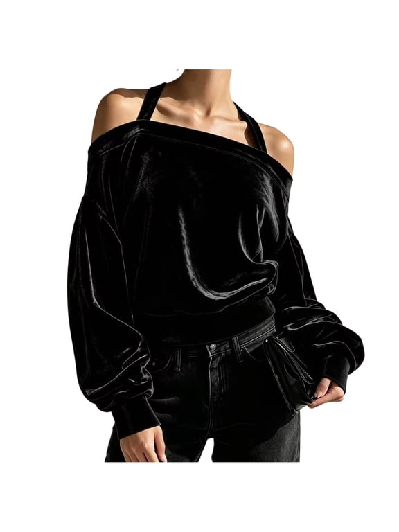 Off Shoulder Velvet Sweatshirts for Women Long Sleeve Halter-Neck Pullover Top Casual Loose Fitted Party Blouse