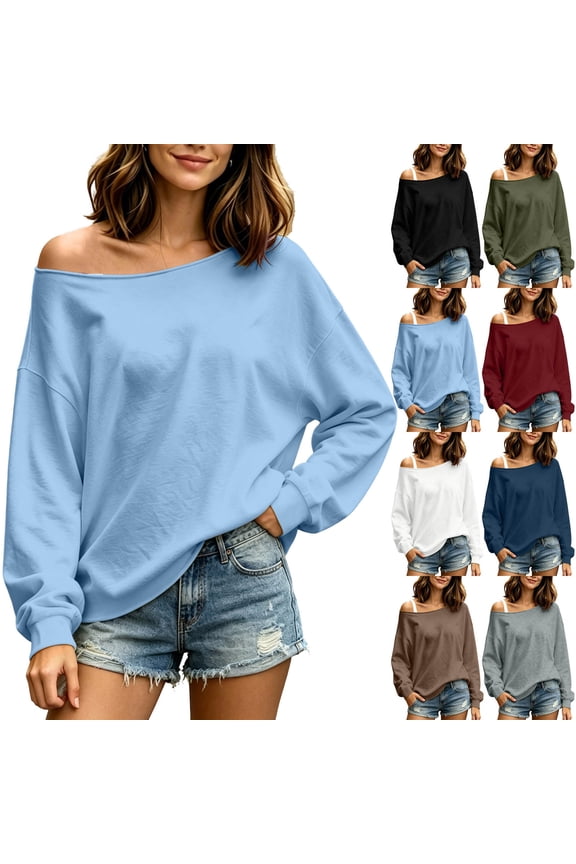 Off Shoulder Sweatshirt for Women Long Sleeve Drop Shoulder Pullover Tops Soft Comfy Fall Winter Warm Sweatshirts
