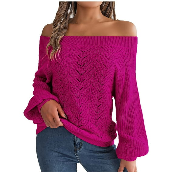 Diufon Off The Shoulder Sweater for Women Solid Color Long Sleeve Pullover Knit Tops Fall Outfits Clothes