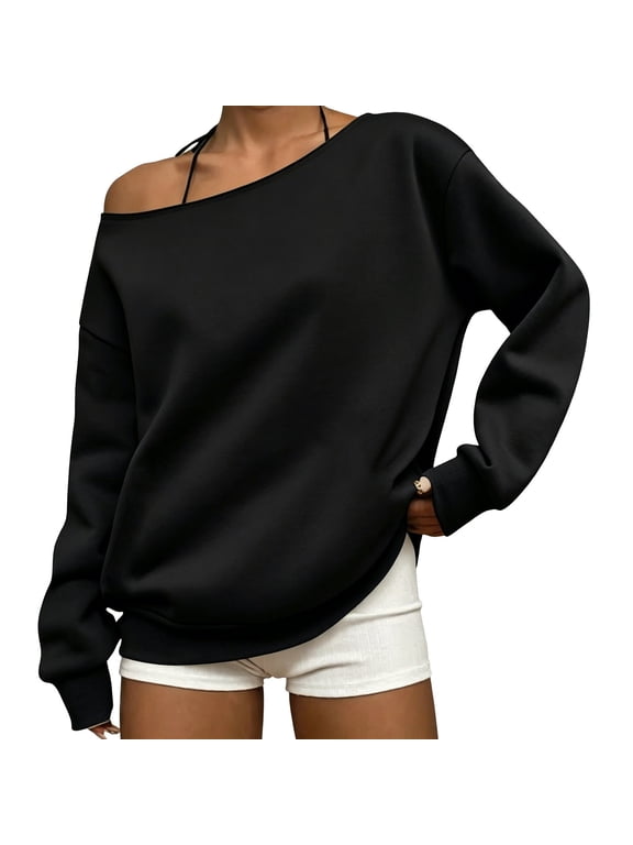 Off the Shoulder Tops for Women Long Sleeve Fall Fashion Pullovers Solid Color Loose Fitted Tunics Blouse