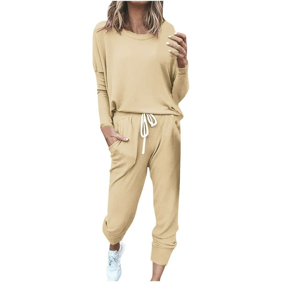 Diufon Outfits for Women Round Neck Long Sleeve Tops Elastic Waist Drawstring Pants Sets with Pockets