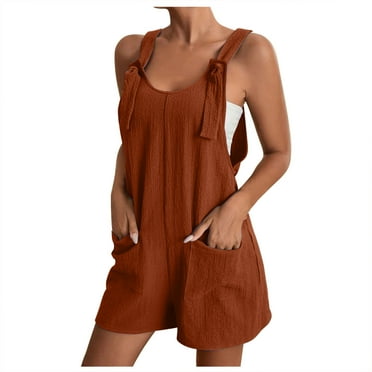 Diufon Overall Shorts for Women Summer Short Sleeveless Round Neck Jumpsuits Solid Color Rompers with Pockets