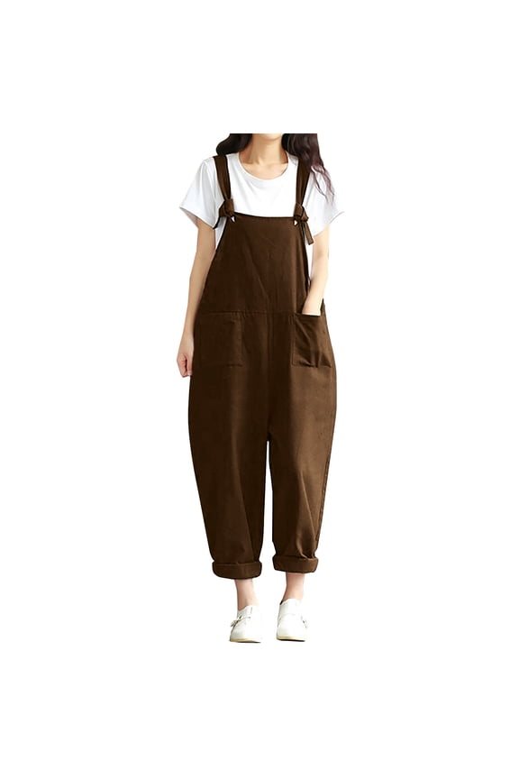 Overalls for Women Cotton Linen Rompers Sleeveless Lace-Up Strap Long Playsuit with Pockets