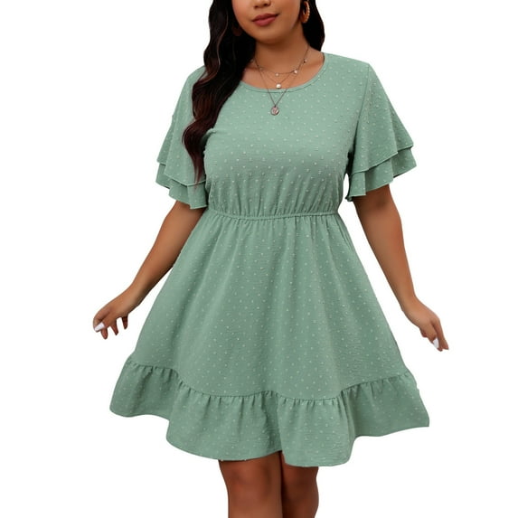 Diufon Oversized Dresses for Women Summer Ruffled Sleeve Crewneck Dresses Casual Polka Dot Printed Corset Dress