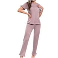 thumbnail image 1 of Diufon Pajama Set for Women Round Neck Short Sleeve Tops Lounge Pants Solid Color Ruffle Homewear Sets, 1 of 7