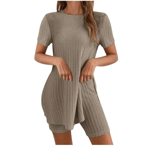 Diufon Pajama Sets for Women 2 Piece Cotton Short Sleeve Side Hem Split Tops Shorts Homewear Sets